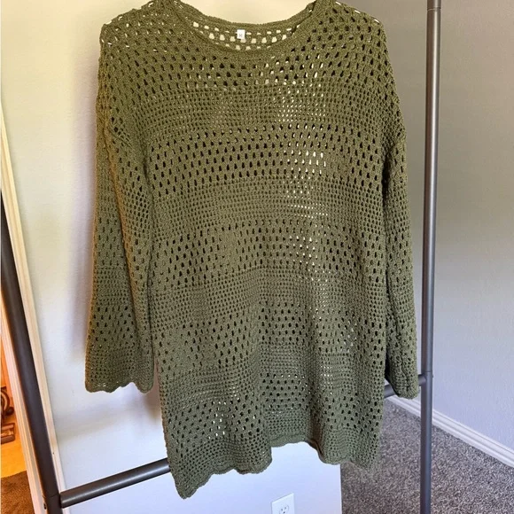 Olive Green Crochet Swim Cover-Up Dress - Picture 3 of 4